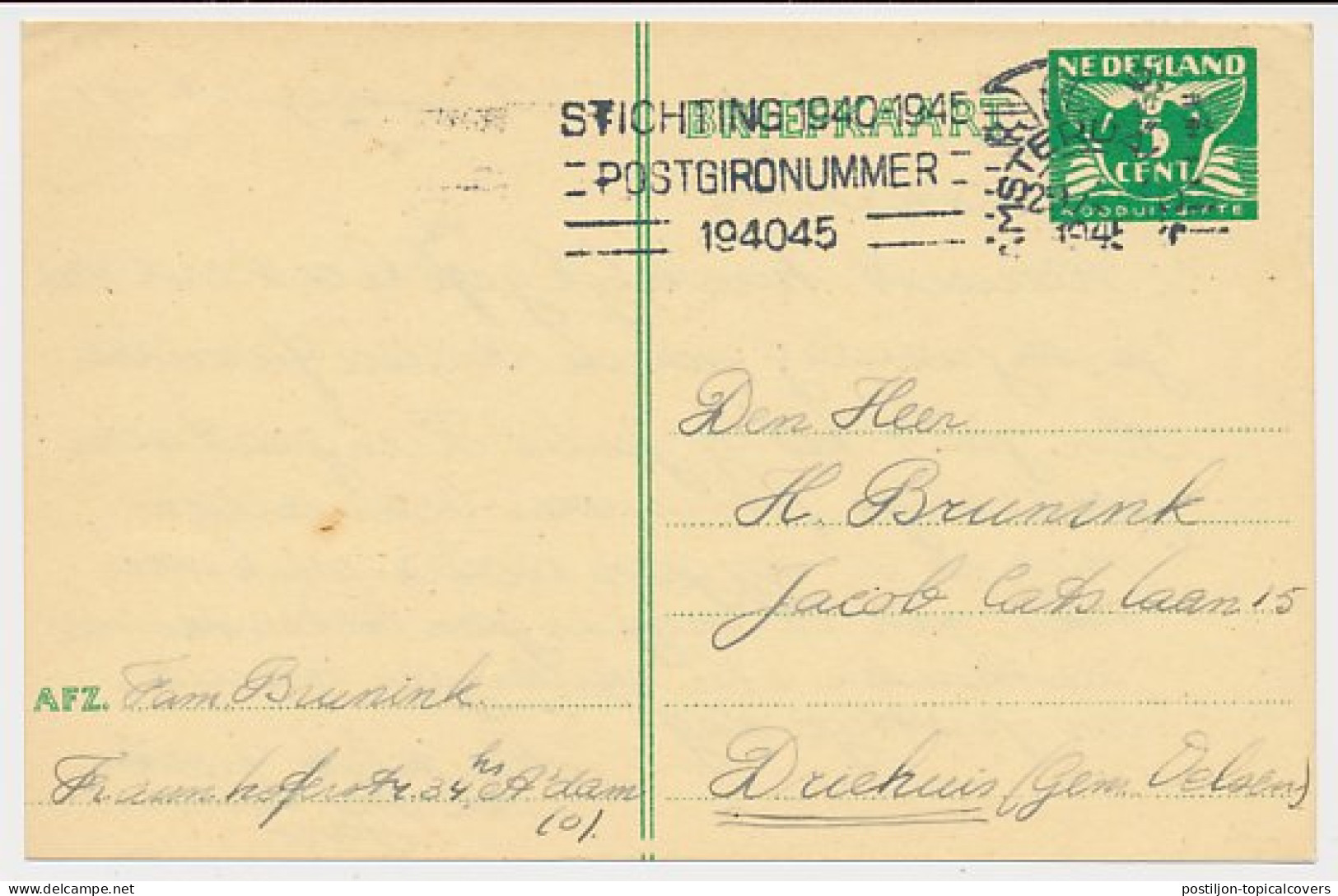 Briefkaart G. 277 A Amsterdam - Driehuis 1945 - Ganzsachen