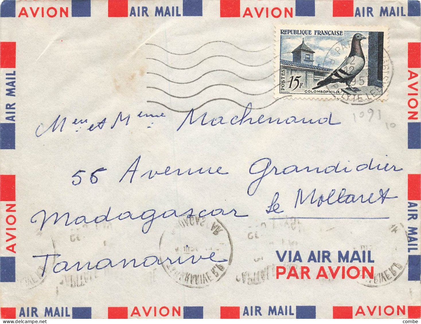 FRANCE SEUL SUR LETTRE. N° 1091. COLOMBOPHILIE. ETRANGER. MADAGASCAR - 1921-1960: Période Moderne