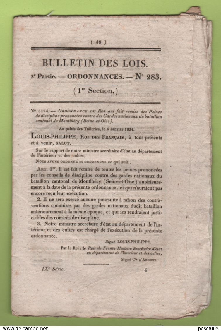 1834 BULLETIN DES LOIS - MONTLHERY - FERME DE RAMBOUILLET - PEAGES BAS RHIN - BAC DE THOISSEY - PONT SUSPENDU GIVORS - - Decrees & Laws
