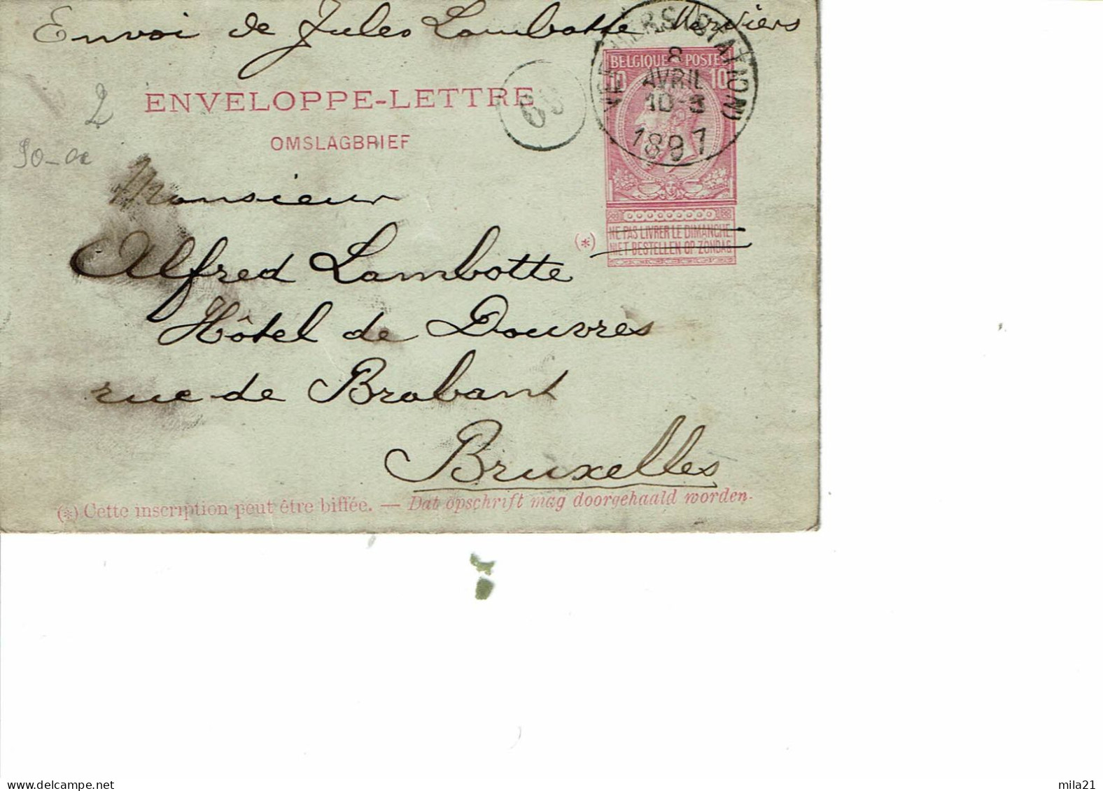 BELGIQUE  ENVELOPPE-LETTRE  N° 2 - 1893-1907 Wapenschild