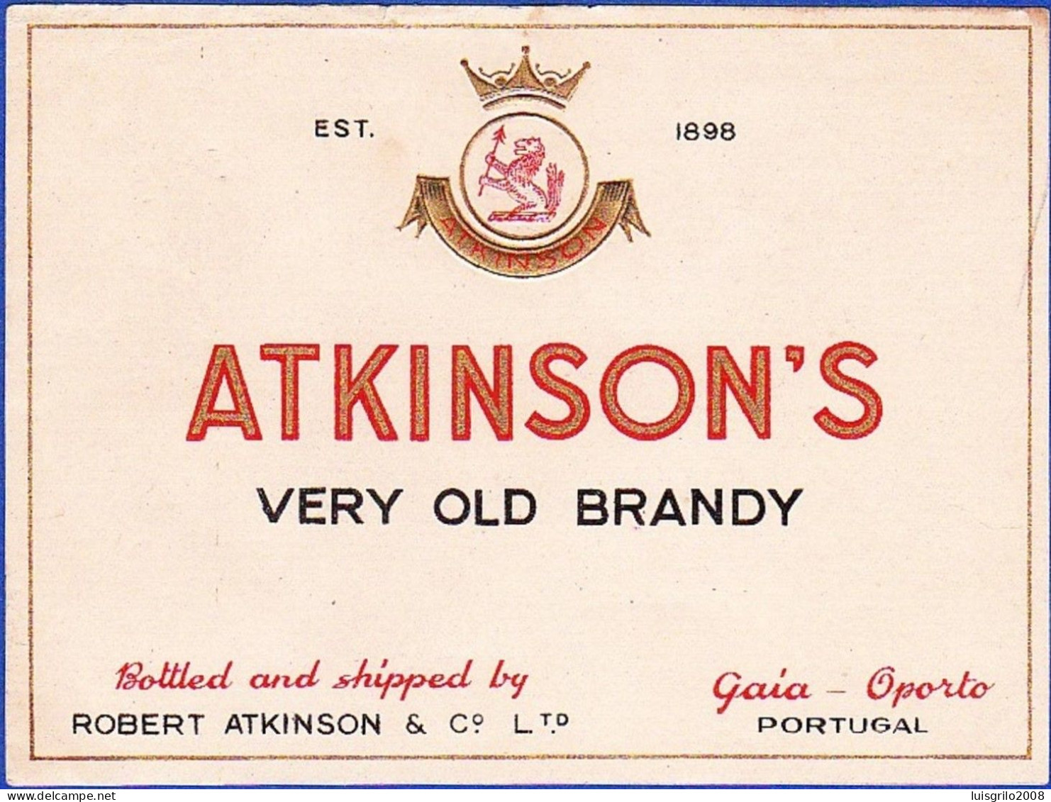 Brandy Label, Portugal - ATKINSON'S Very Old Brandy -|- Robert Atkinson. Gaia, Oporto - Alcoholes Y Licores