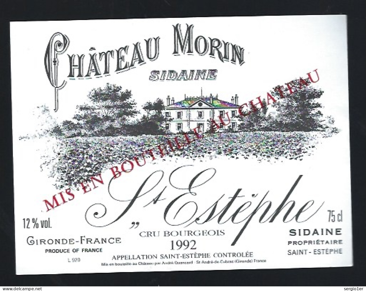 Etiquette Vin Chateau Morin Sidaine  Saint Estèphe Cru Bourgeois  1992  Sidaine    Propriétaire - Bordeaux