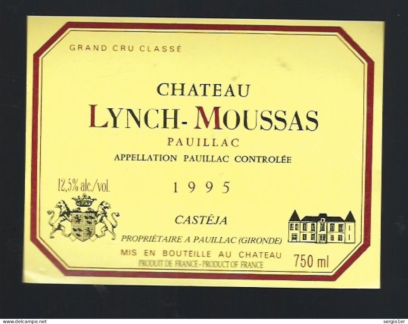Etiquette Vin Chateau Lynch Moussas Grand Cru Classé Pauillac 1995 Casteja     Propriétaire - Bordeaux
