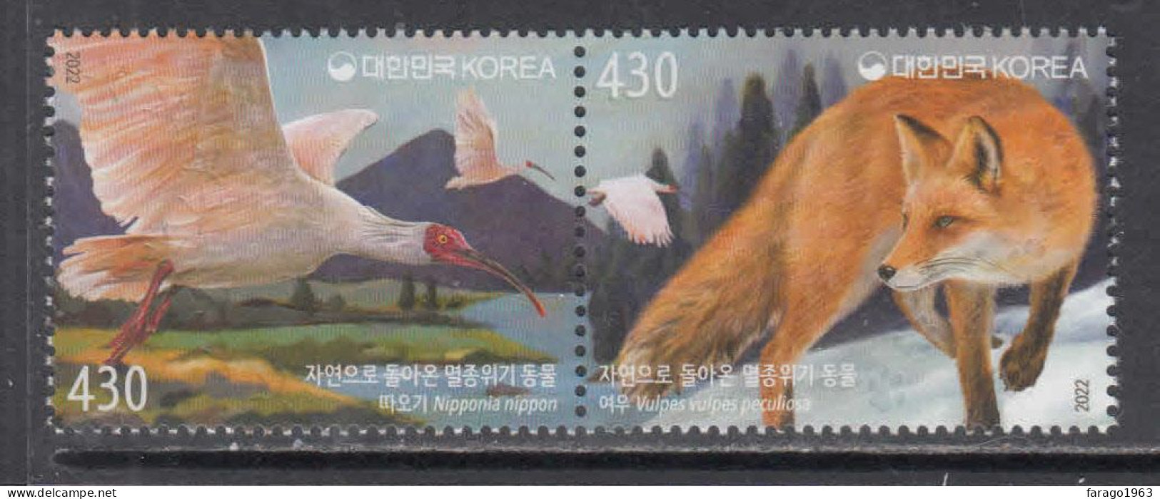 2022 South Korea Endangered Species Cranes Birds Foxes EMBOSSED Complete Pair MNH - Corée Du Sud
