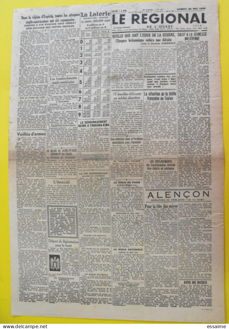 Journal Le Régional De L'Ouest Du 20 Mai 1944. Collaboration Goebbels Milice LVF Puaud Japon Chine  Cassino - Guerra 1939-45