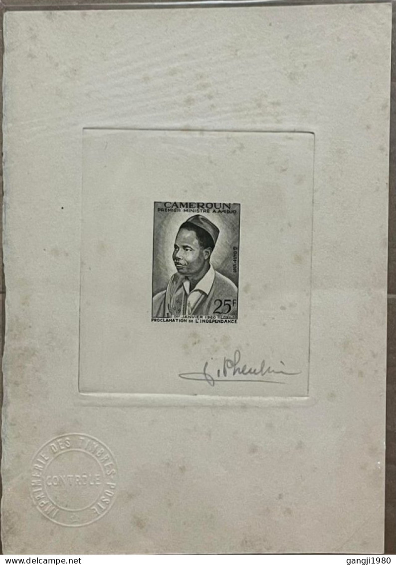 CAMEROON  1960, BLACK DIE PROOF IN BLACK STAMP, PRIME MINISTER A. AHIDJO PORTRAIT, SIGNED BY ENGRAVER ARTIST - Cameroun (1960-...)