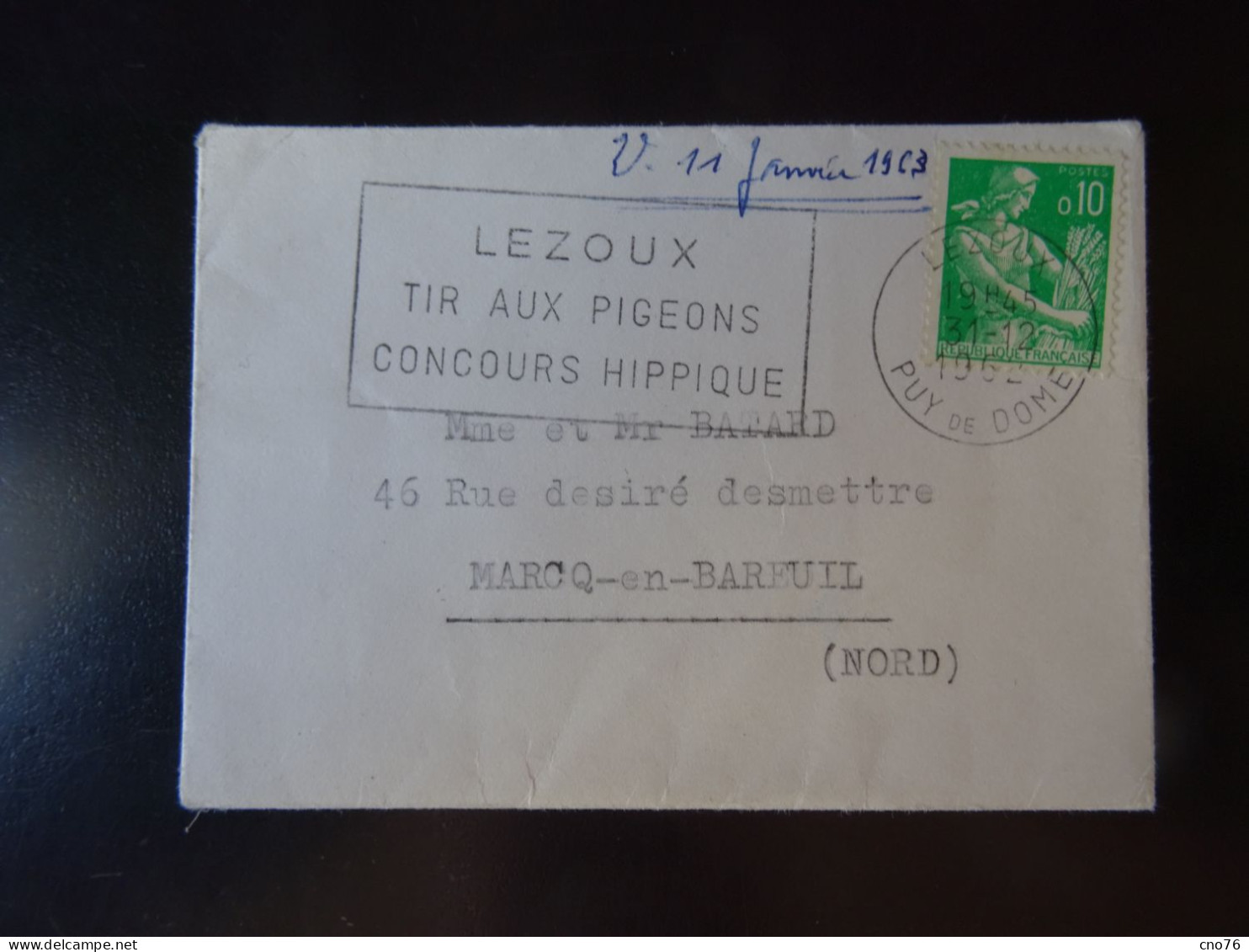Lezoux Petite Enveloppe Avec Oblitération Du 31/12/1963 "flamme Postale, Tir Aux Pigeons Et Concours Hippique" - 1961-....