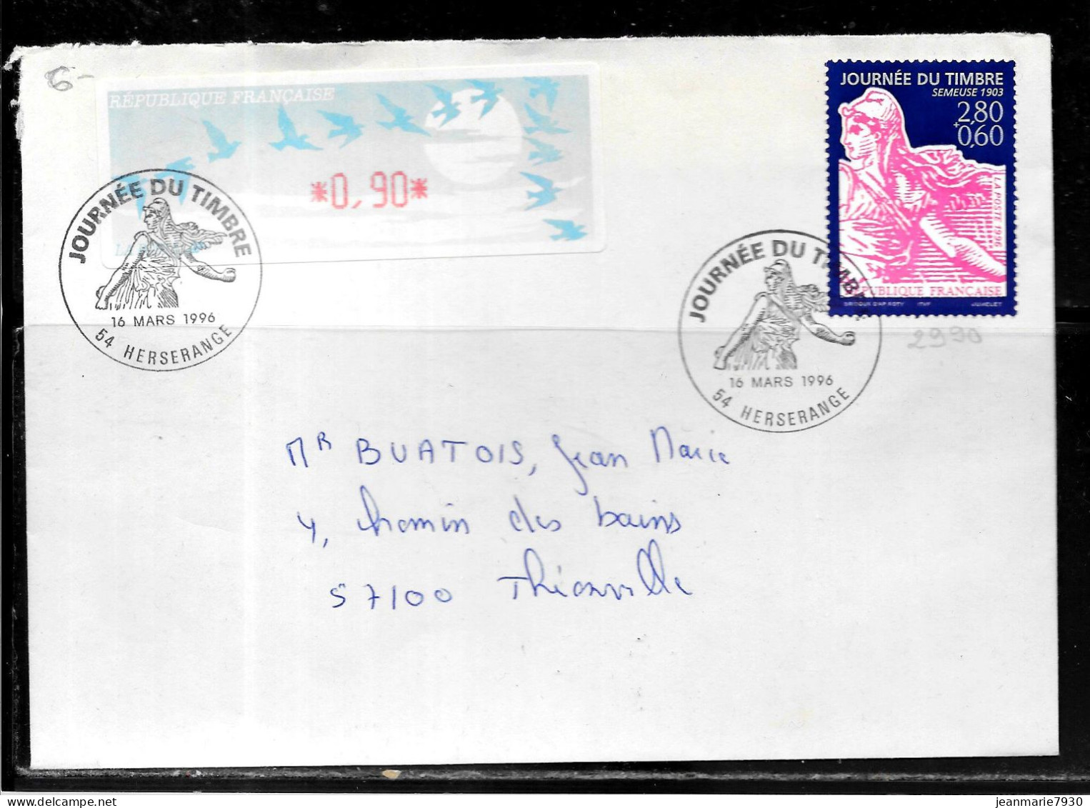 K178 - N° 2990 SUR LETTRE DE HERSERANGE DU 16/03/96 - JOURNEE DU TIMBRE - VIGNETTE D'AFFRANCHISSEMENT 0.90 Fr - Commemorative Postmarks