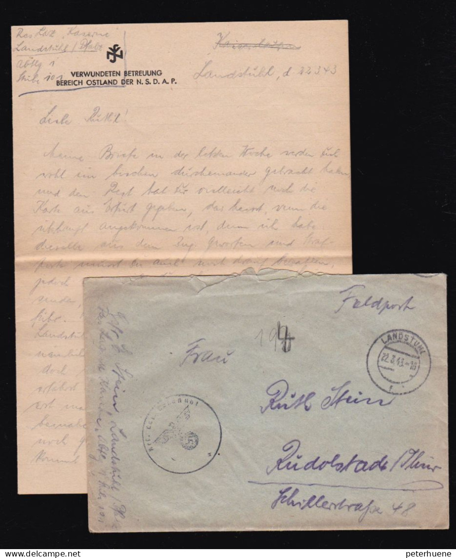 Verwundeten - Betreuung Der NSDAP Bereich Ostland. Feldpost-Brief Mit Text Vom 22. März 1943 Aus Landstuhl /Pfalz - 1939-45