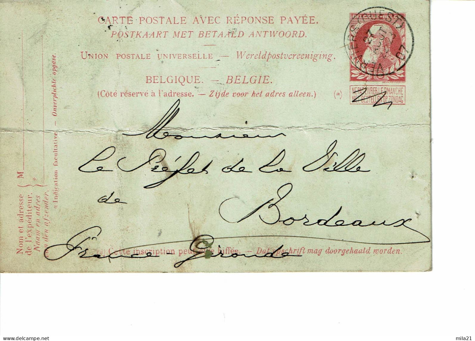 BELGIQUE  CARTE POSTAL AVEC REPONSE PAYEE Avec La Carte Reponse  Adressee - 1905 Grove Baard