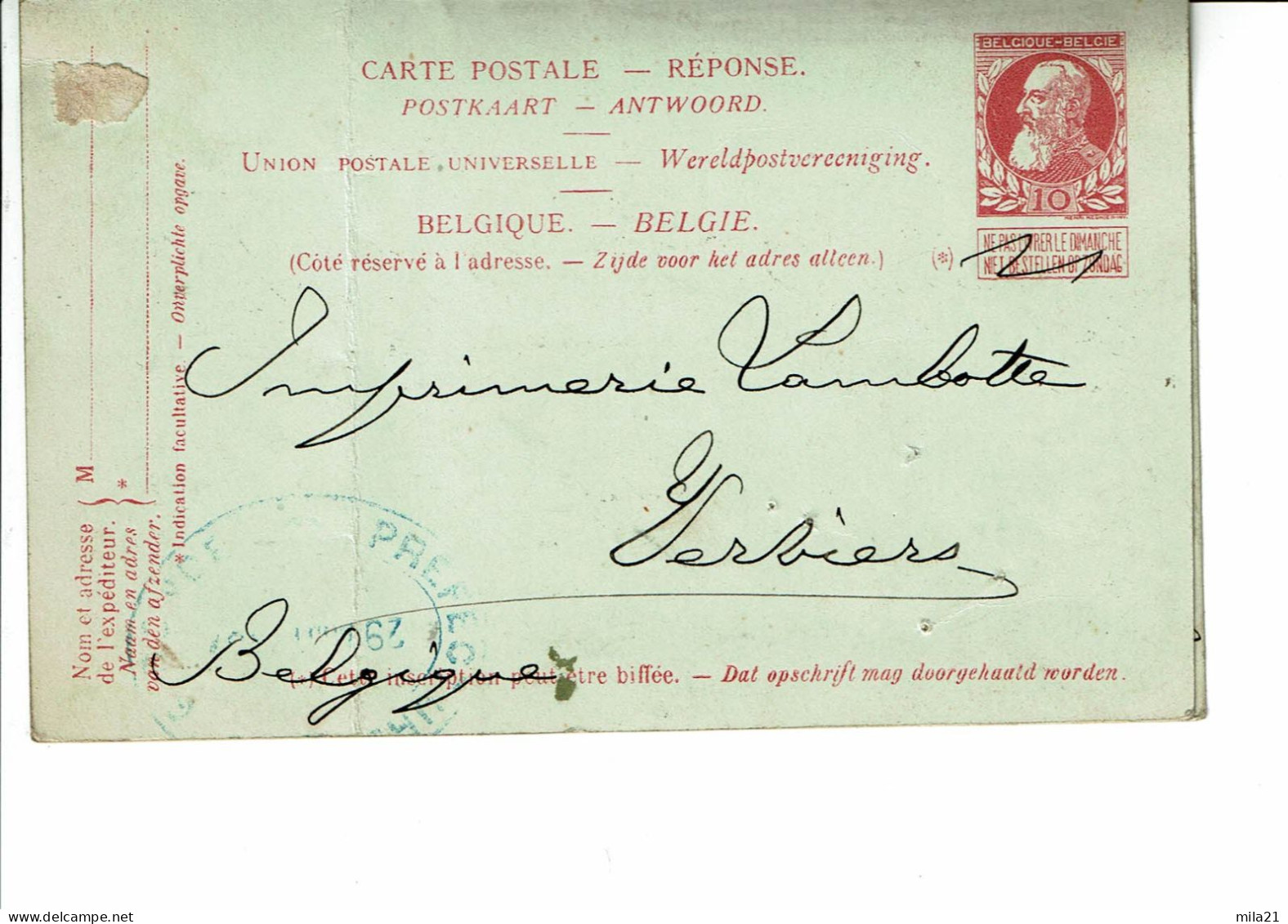 BELGIQUE  CARTE POSTAL AVEC REPONSE PAYEE Avec La Carte Reponse  Adressee - 1905 Breiter Bart