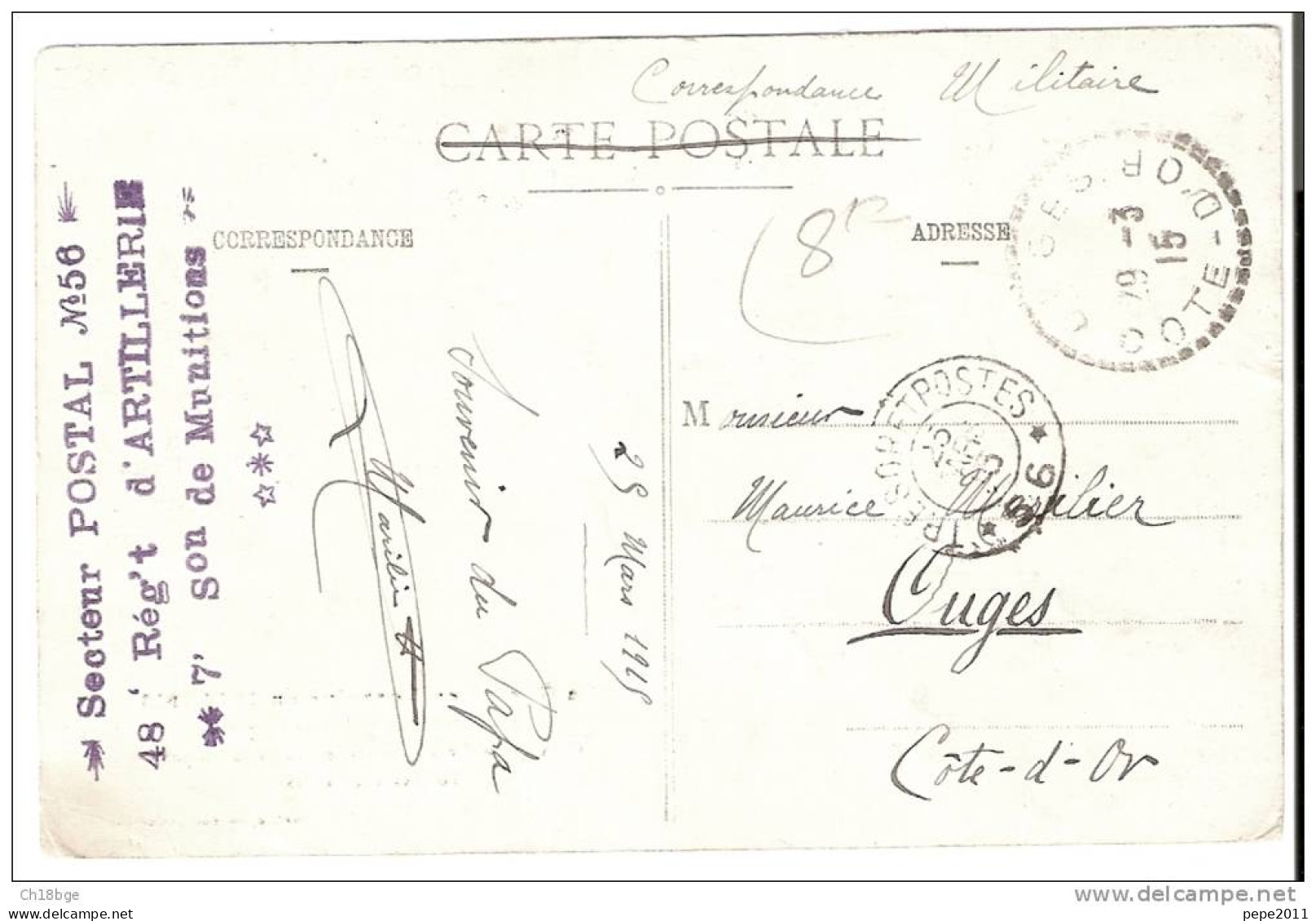 Marques Postales: -petit Cachet Trésor Et Postes 56- Cachet Secteur Postal 48è Rgt D'artillerie Section Munitions - 1877-1920: Semi-Moderne