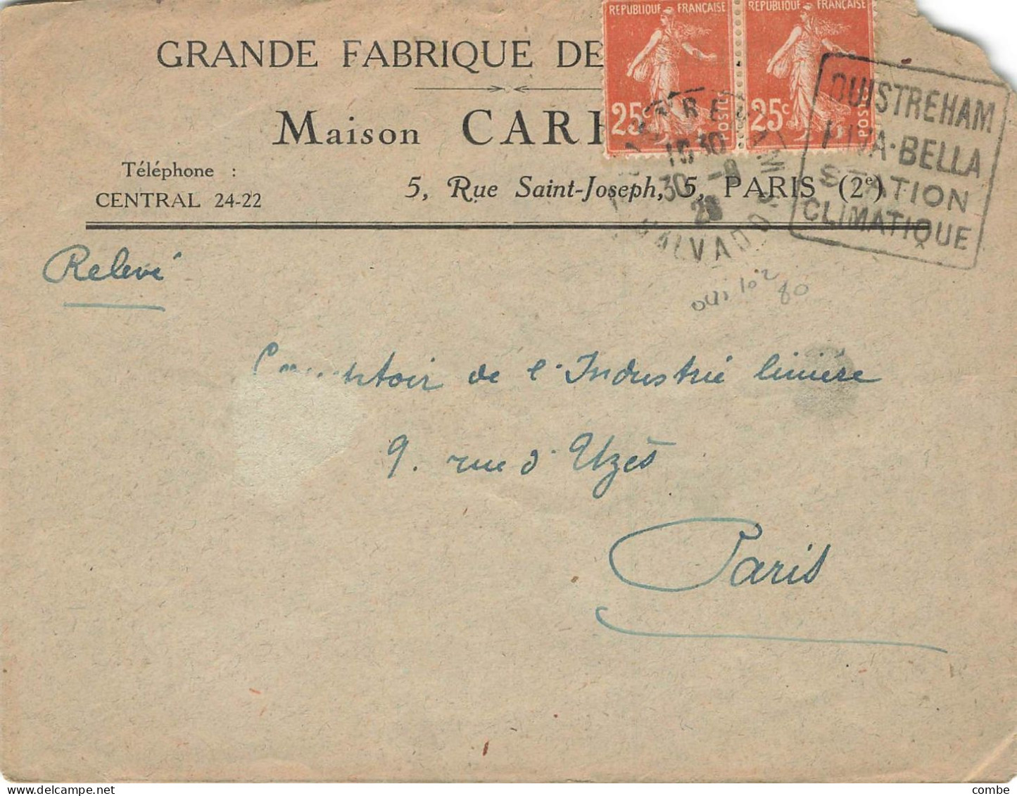 LETTRE. 1928. PAIRE SEMEUSE 25c. DAGUIN OUISTREHAM RIVA-BELLA CALVADOS   // 2 - 1921-1960: Période Moderne