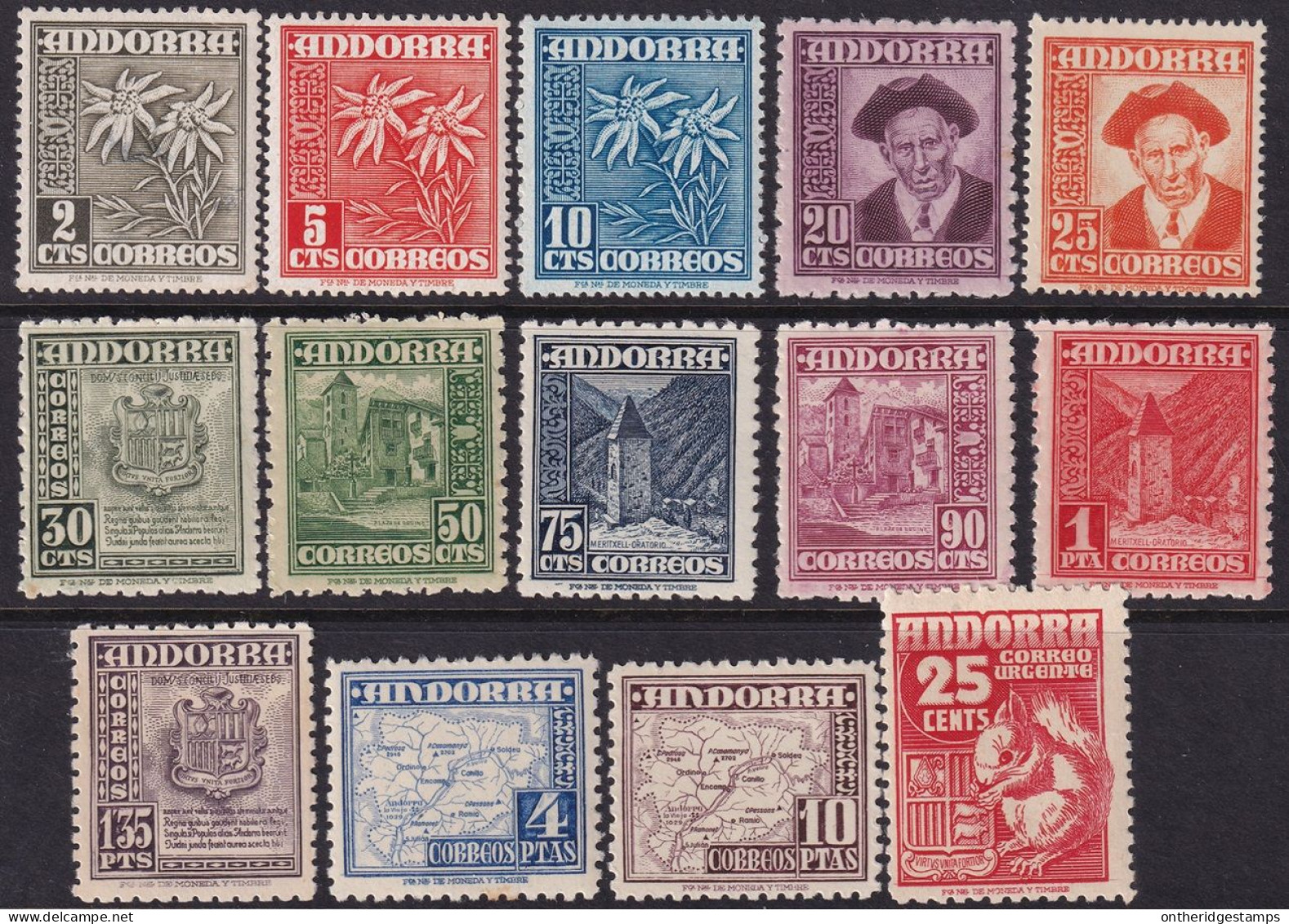 Andorra Spanish 1948 Sc 37-49,E5 Ed 45-58 Complete Set MNH**/MLH* - Unused Stamps