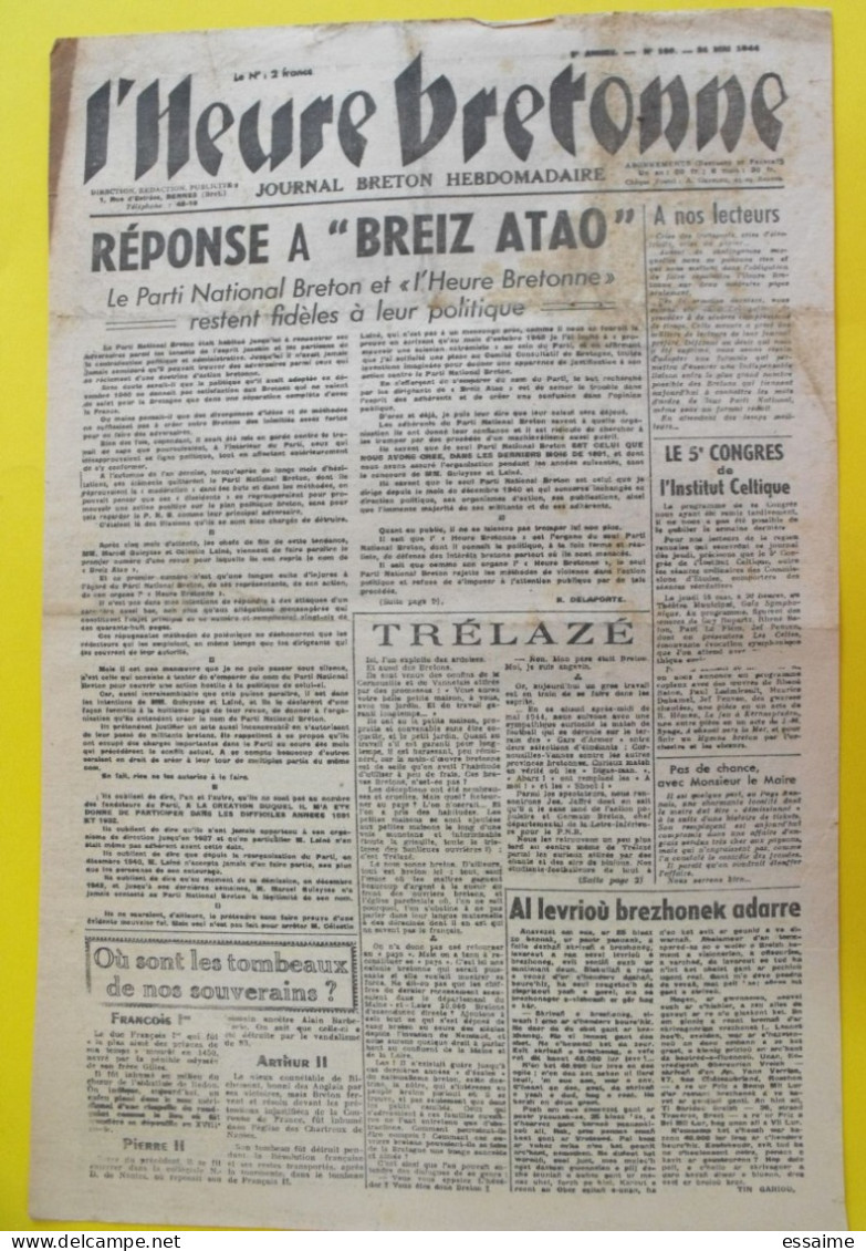 Journal L'Heure Bretonne N° 199 Du 21 Mai 1944. Breiz Atao. Trélazé Parti National Breton Bretagne - Oorlog 1939-45