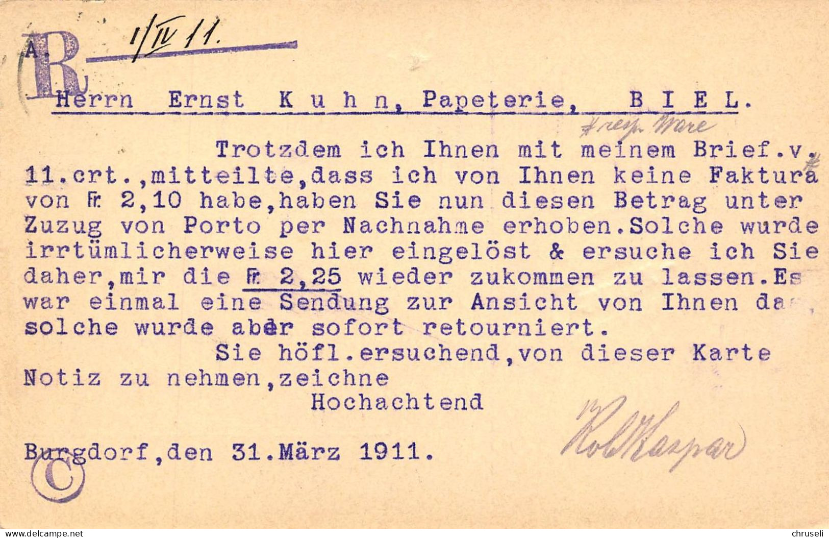 Burgdorf Robert Kaspar  Firmen Gewerbestempel Besonderheiten - Stamped Stationery