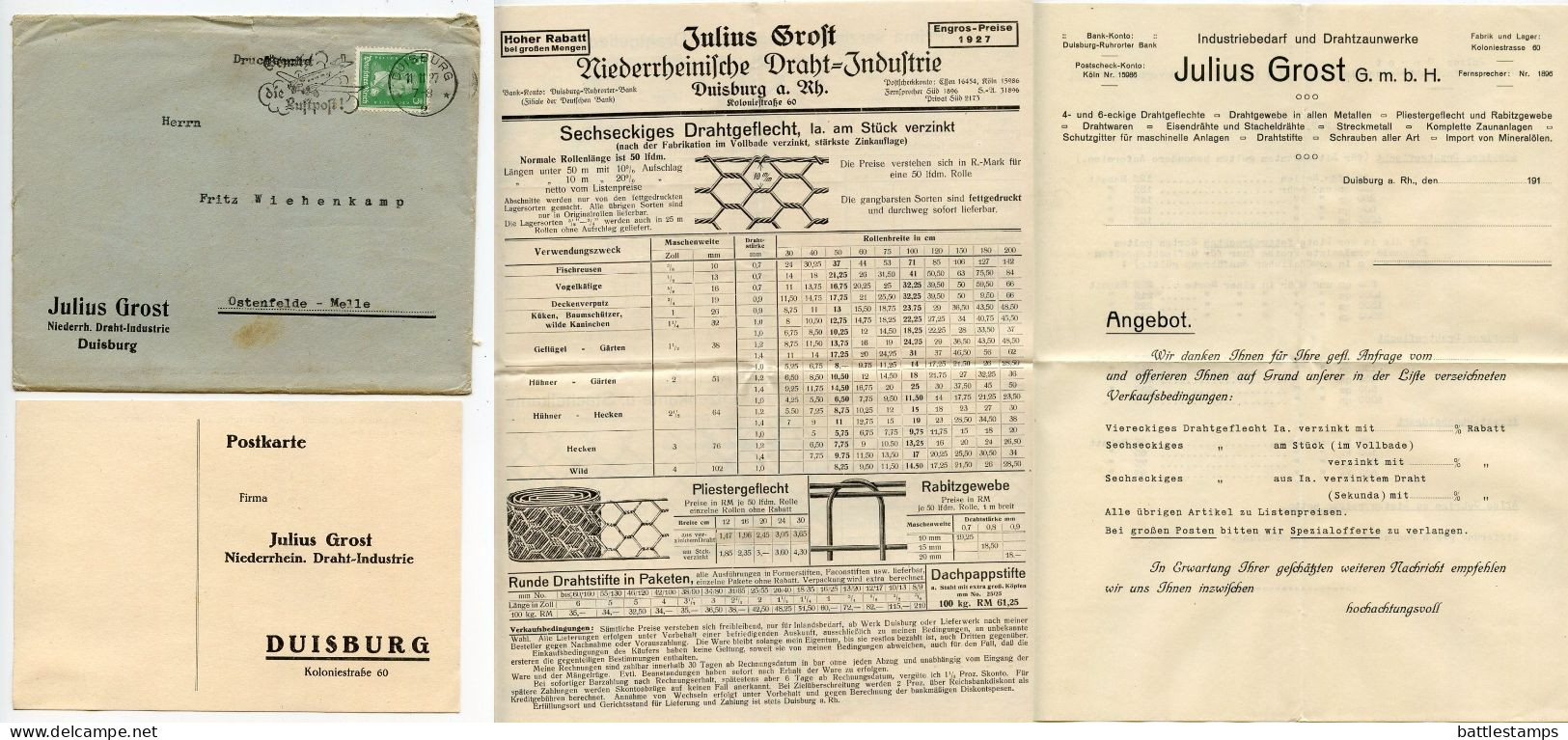 Germany 1927 Cover & Catalog; Duisburg - Julius Grost, Niederrh. Draht-Industrie (Wire); 5pf. Friedrich Von Schiller - Storia Postale