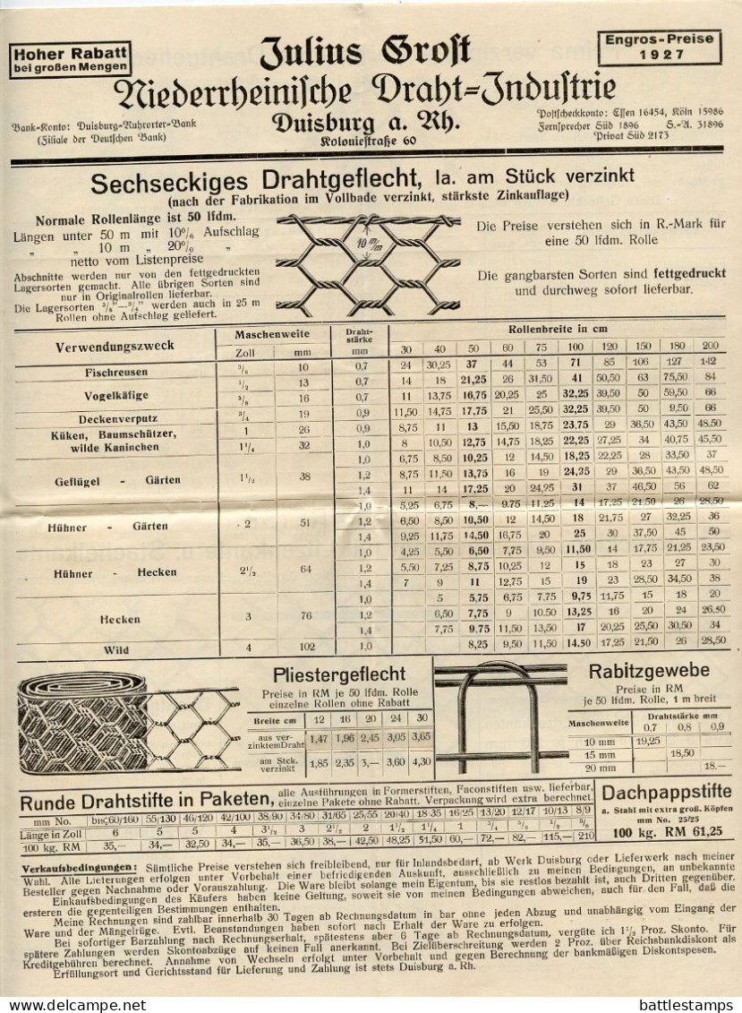 Germany 1927 Cover & Catalog; Duisburg - Julius Grost, Niederrh. Draht-Industrie (Wire); 5pf. Friedrich Von Schiller - Lettres & Documents