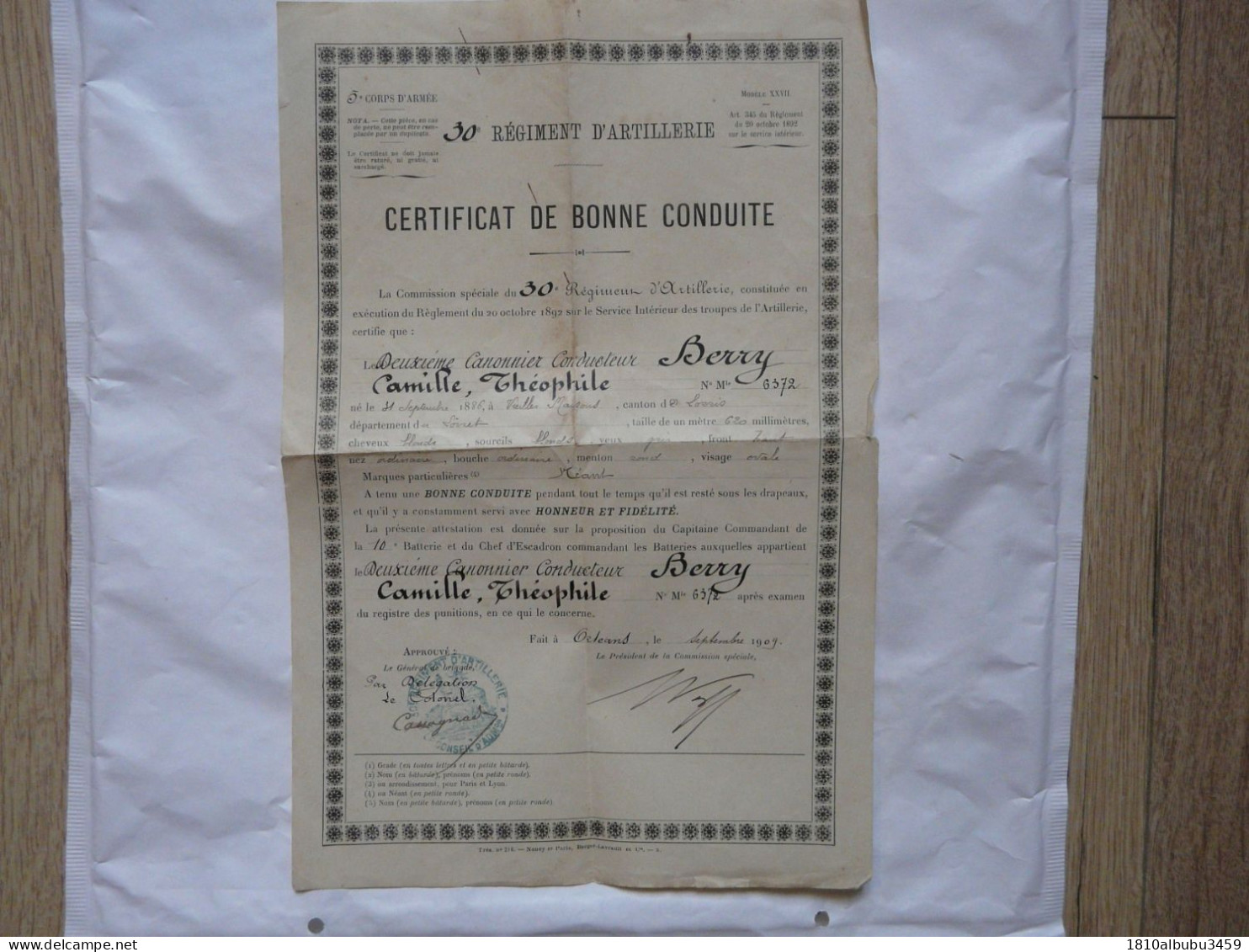 VIEUX PAPIERS - CERTIFICAT DE BONNE CONDUITE : 30e REGIMENT D'ARTILLERIE 1909 - Documenti Storici