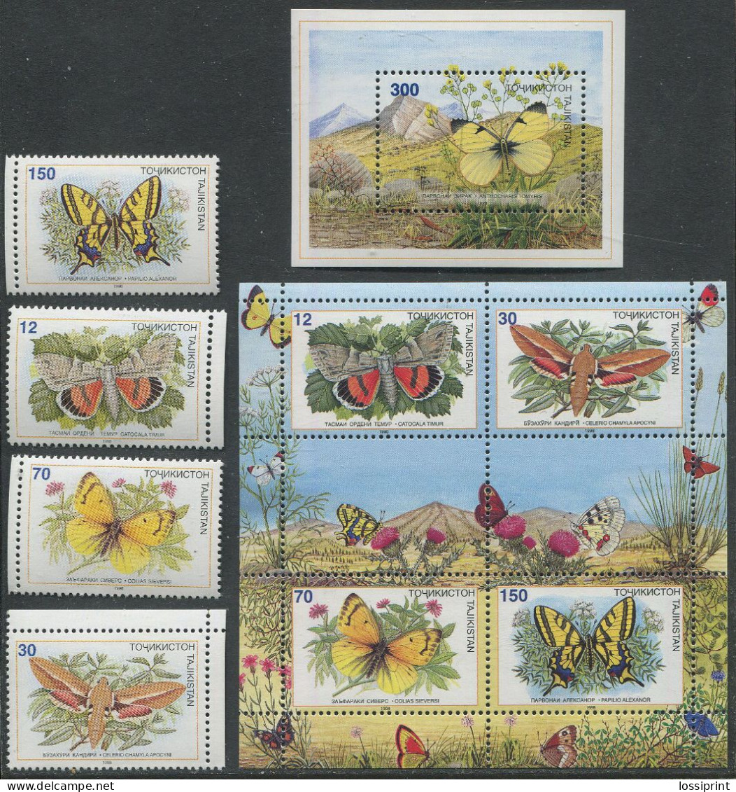Tajikistan:Unused Stamps Serie And Block Butterflies, Butterfly, 1998, MNH - Tajikistan