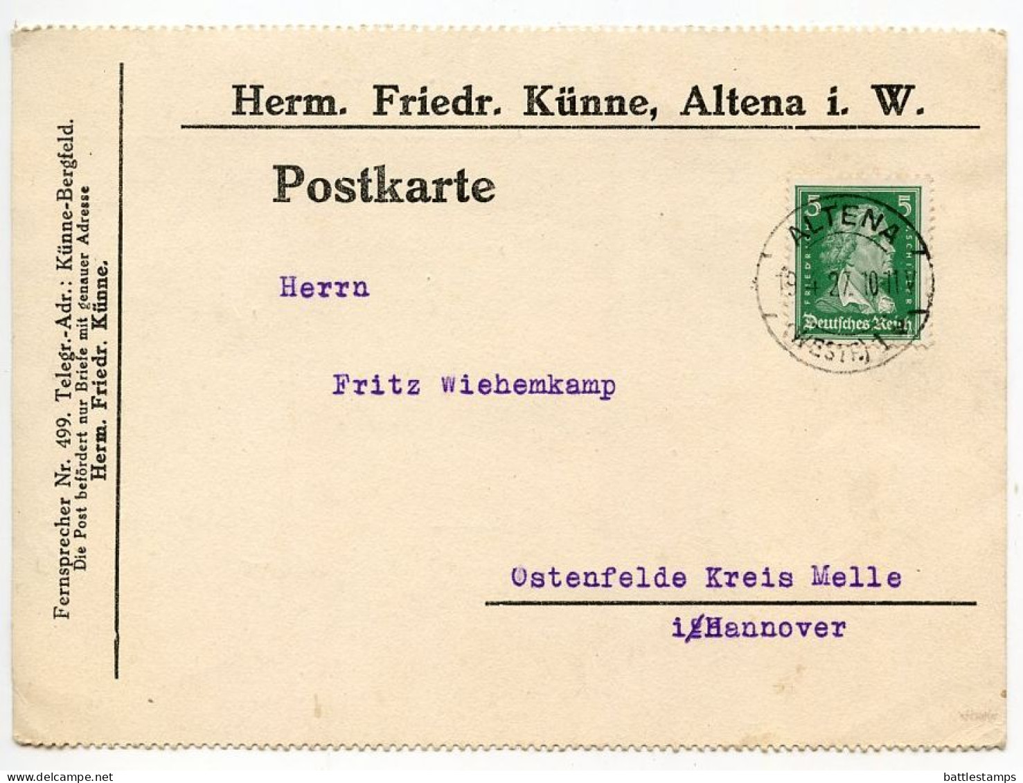 Germany 1927 Postcard; Altena (Westf.) - Friedr. Künne To Ostenfelde; 5pf. Friedrich Von Schiller - Briefe U. Dokumente