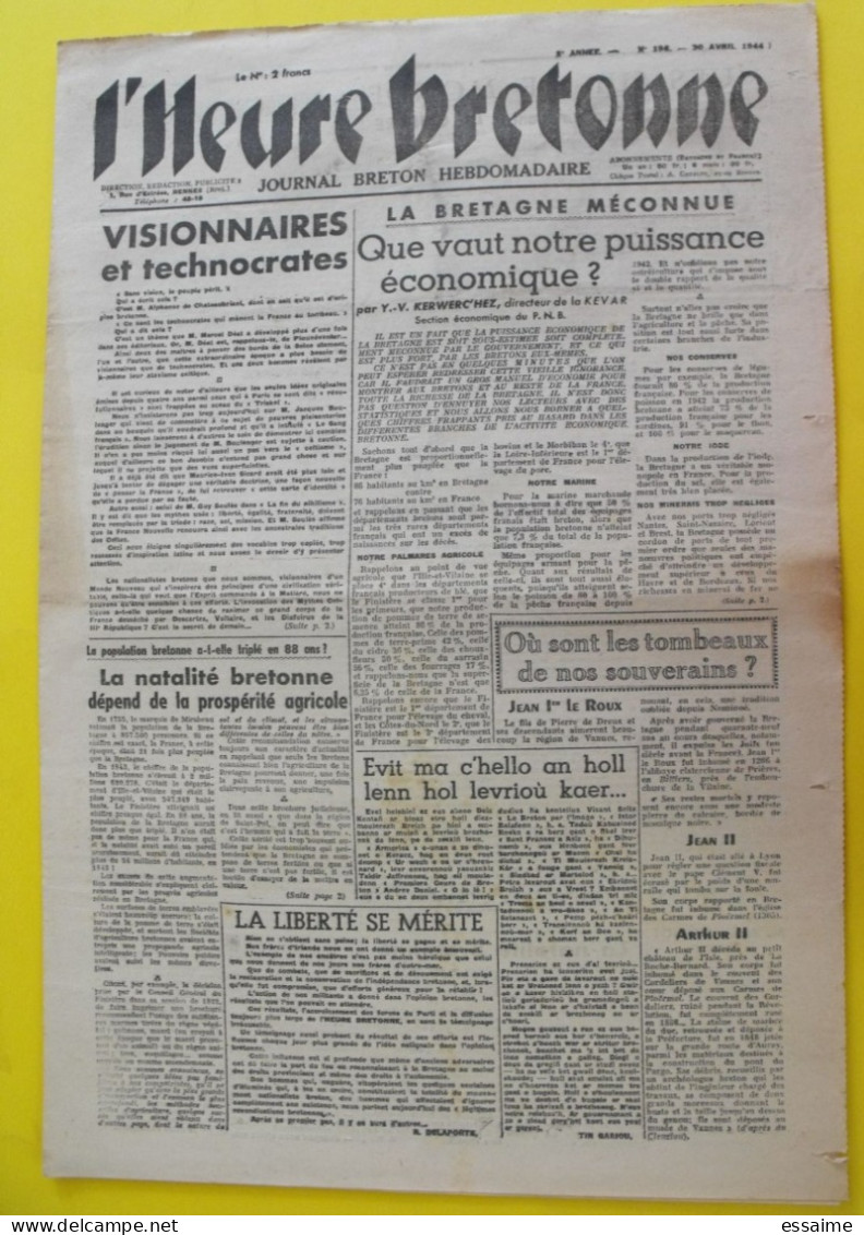 Journal L'Heure Bretonne N° 196 Du 30 Avril 1944. Irlande Parti National Breton Bretagne Gwalarn Dihunamb Doriot LVF - War 1939-45