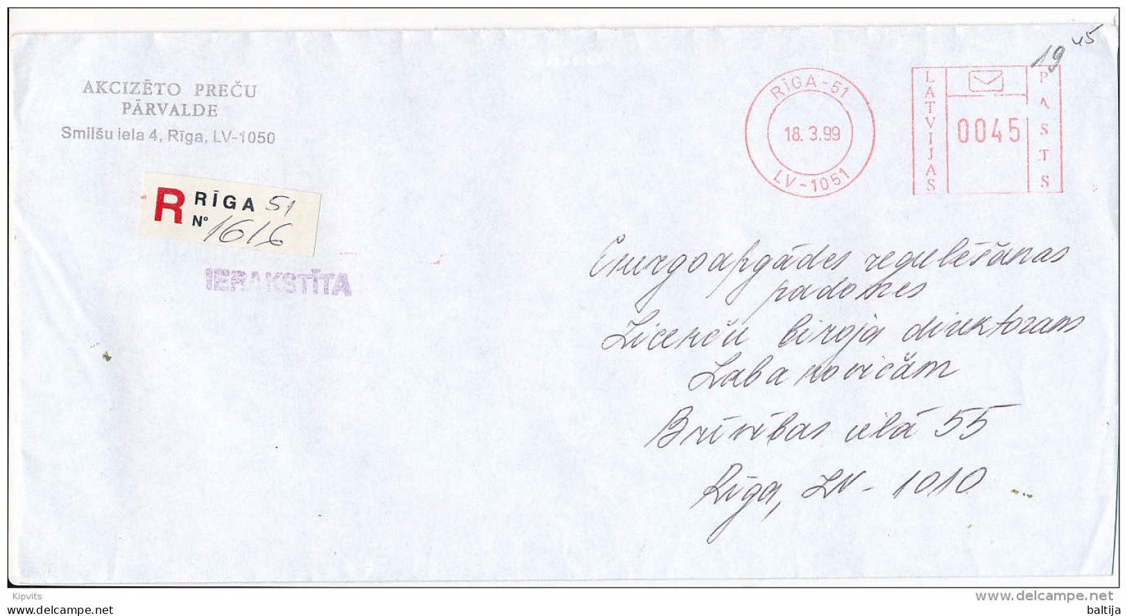 Registered Post Office Meter Cover - 18 March 1999 Riga-51 - Lettland