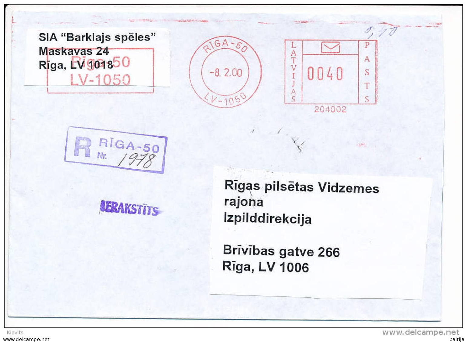 Registered Post Office Meter Cover / 204002 - 8 February 2000 Riga-50 - Latvia