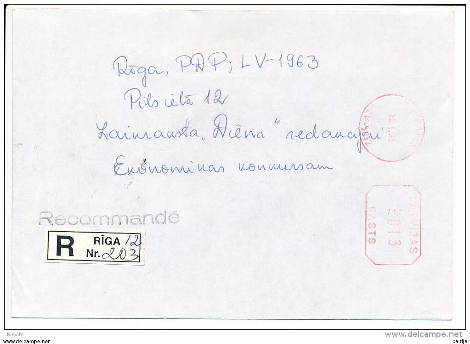 Registered Post Office Meter Cover / Pitney Bowes - 18 January 1994 Riga-12 - Latvia