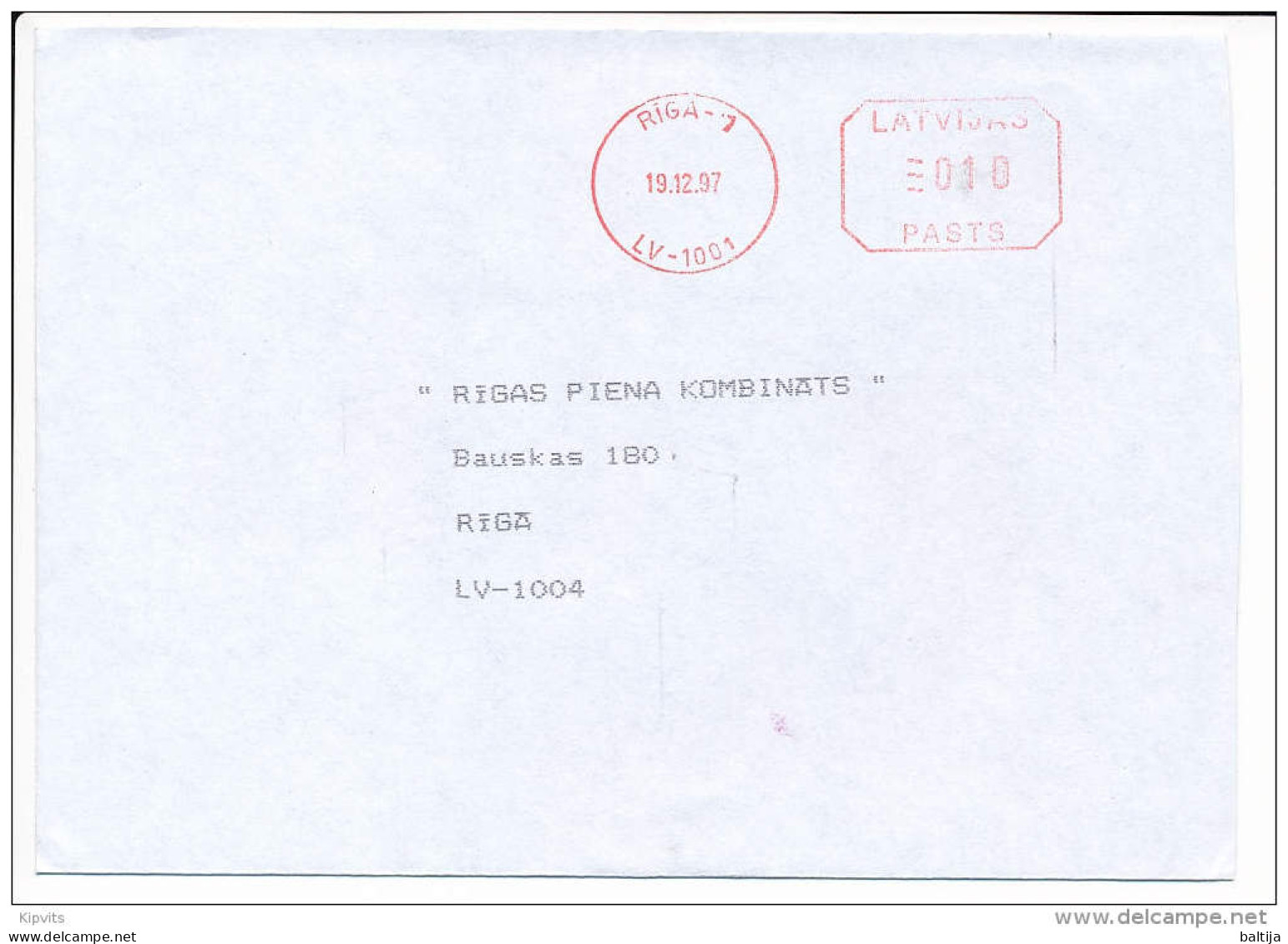Post Office Meter Cover / Pitney Bowes - 19 December 1997 Riga-1 - Latvia