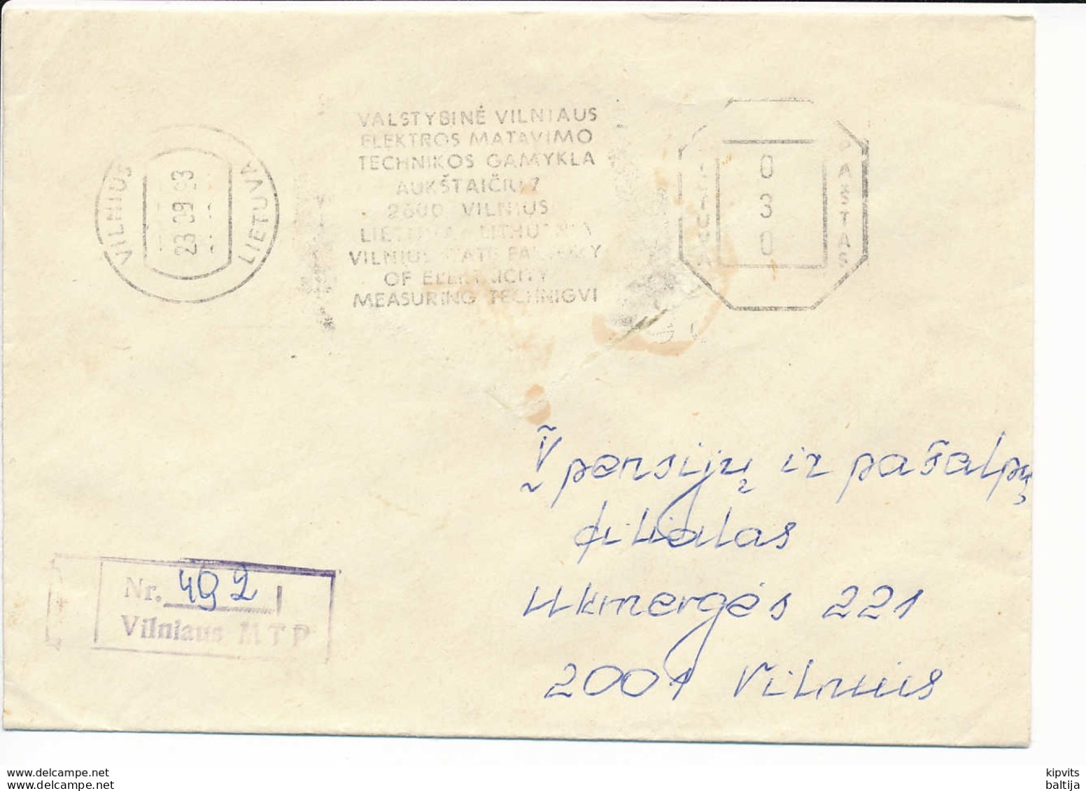 Registered Meter Cover - 23 September 1993 Vilnius M.T.P. - Lithuania