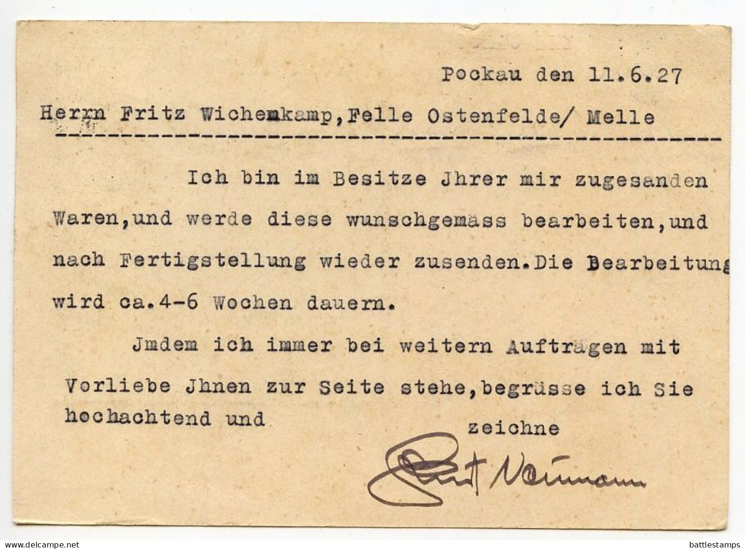 Germany 1927 Postcard; Pockau (Flöhatal) To Ostenfelde; 5pf. Friedrich Von Schiller - Brieven En Documenten