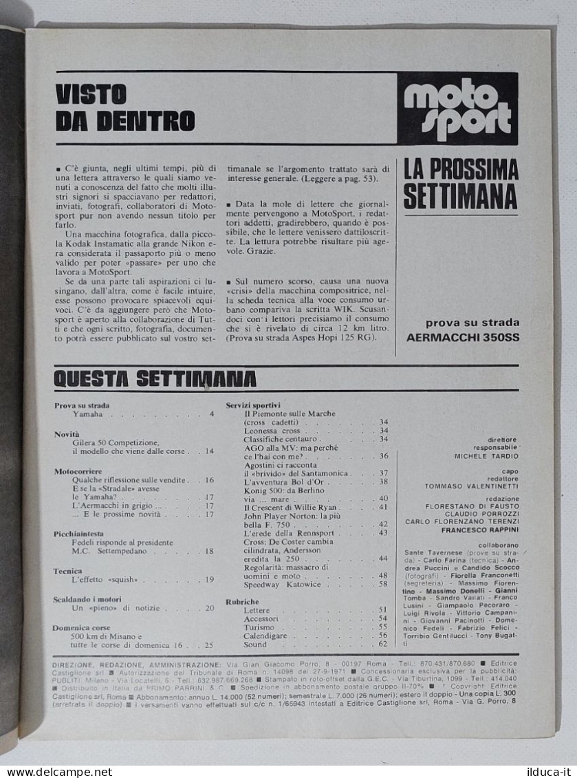 44014 Moto Sport A. III N. 18 1973 - MV500; Yamaha 750; Gilera 50 Competizion - Motori