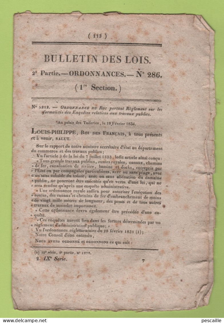 1834 BULLETIN DES LOIS - ENQUETES TRAVAUX PUBLICS - BULLES D'INSTITUTION CANONIQUE EVEQUES LE MANS ET CLERMONT - LODEVE - Wetten & Decreten