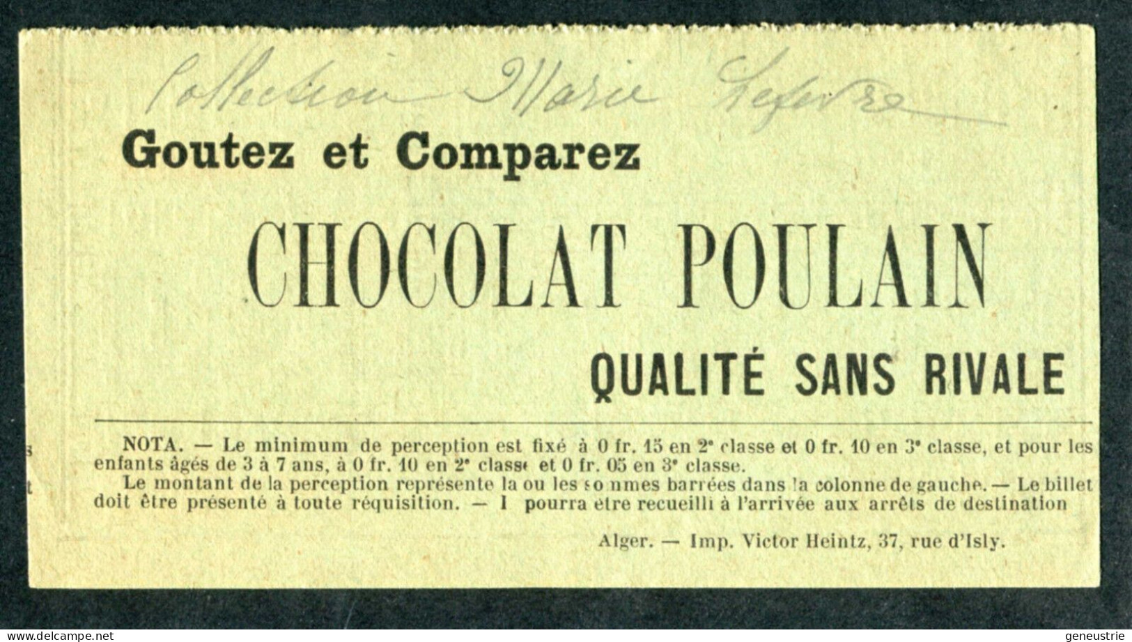 Ticket Tramway Alger Vers 1900 "Chemin De Fer Sur Route D'Algerie" Billet Chemin De Fer - Pub Chocolat Poulain - Mundo