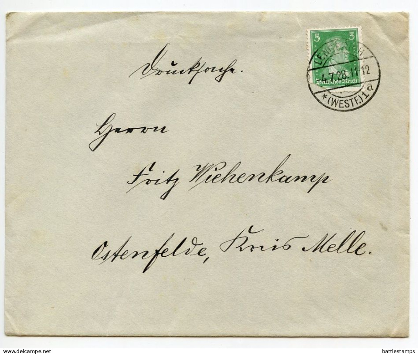 Germany 1928 Cover & Letter; Lengerich (Westf.) To Ostenfelde; 5pf. Friedrich Von Schiller - Brieven En Documenten
