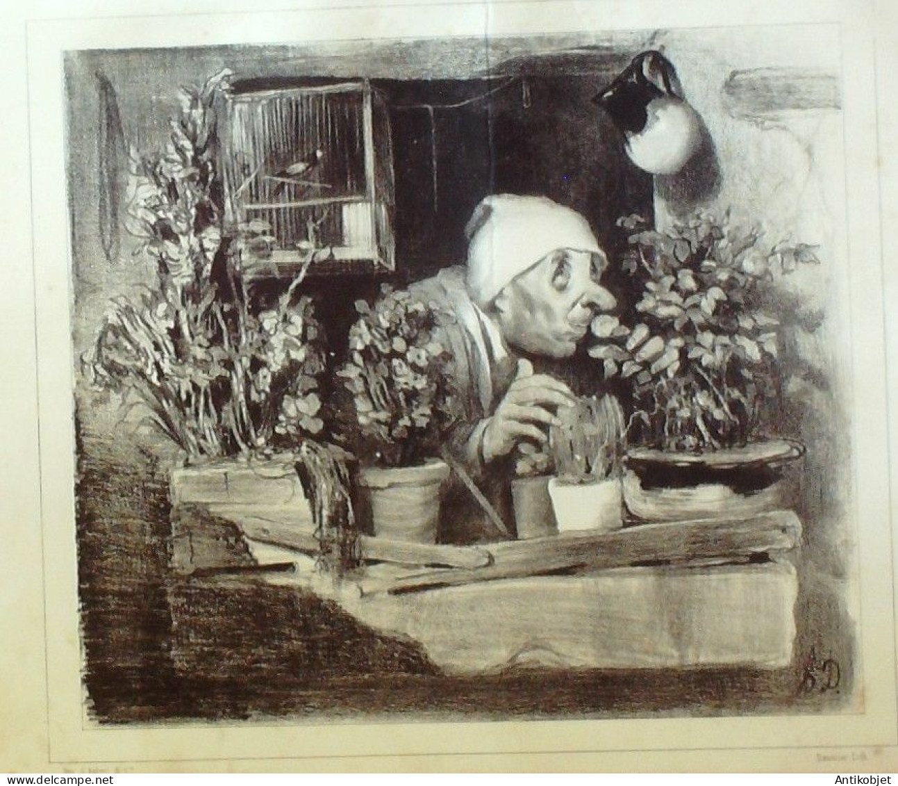 Litho Daumier Honoré Les Cinq Sens 'L'Odorat' Planche N°1 Signée 1838 - Prenten & Gravure