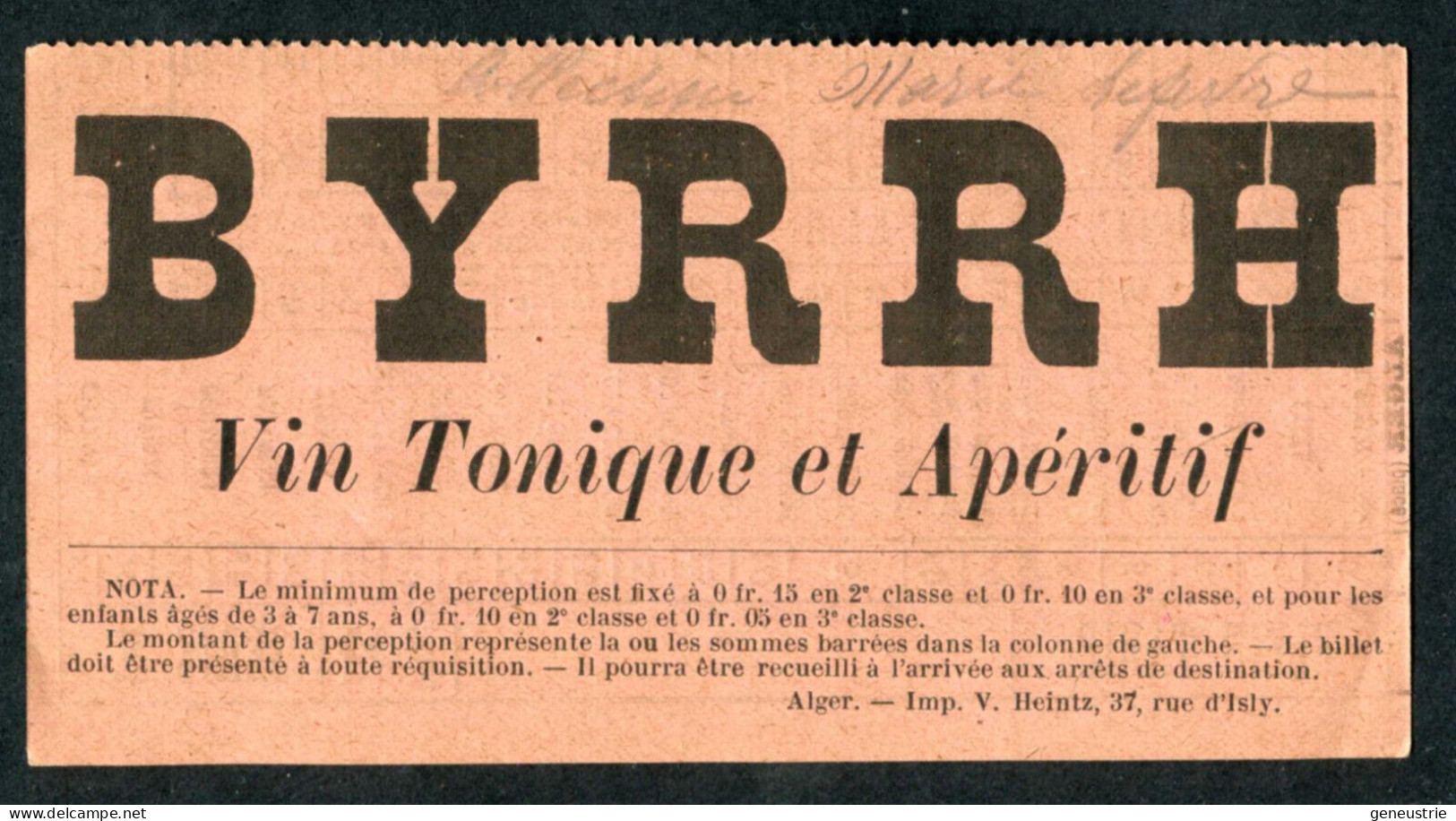 Ticket Tramway Alger Vers 1900 "Chemin De Fer Sur Route D'Algerie" Billet Chemin De Fer - Pub Byrrh - Mundo