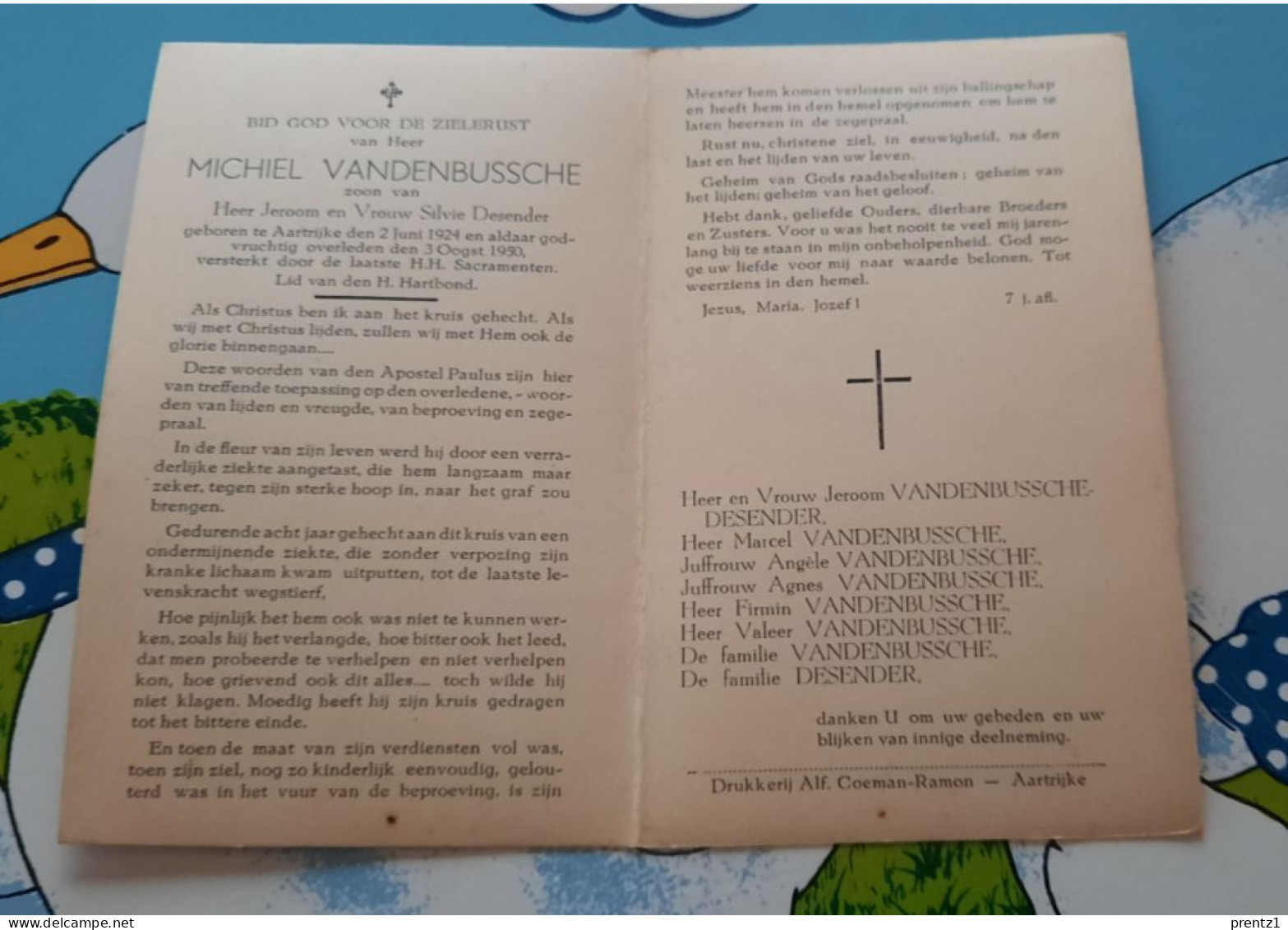 Michiel Vandenbussche - Geb. Aartrijke 2/06/1924- Zoon Van Desender - Gest. 3/08/1950 - Devotion Images