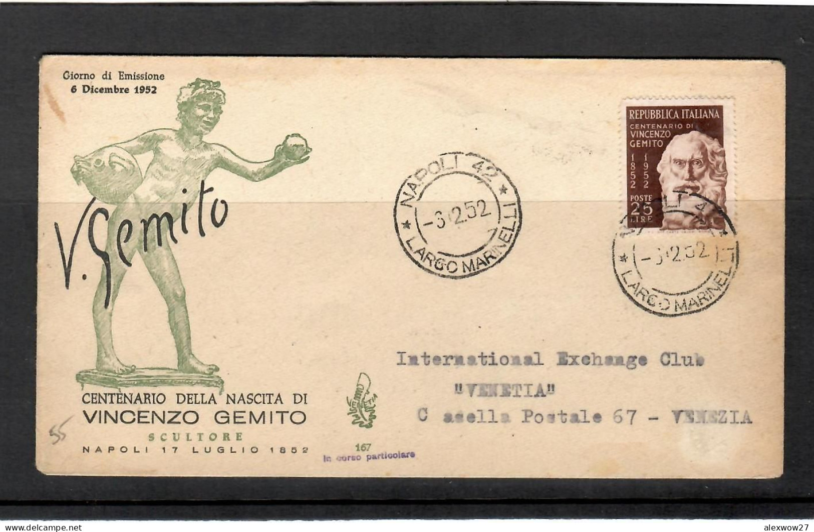Italia / Repubblica 1952 "100° Nascita Vincenzo Gemito --- FDC VENEZIA - FDC