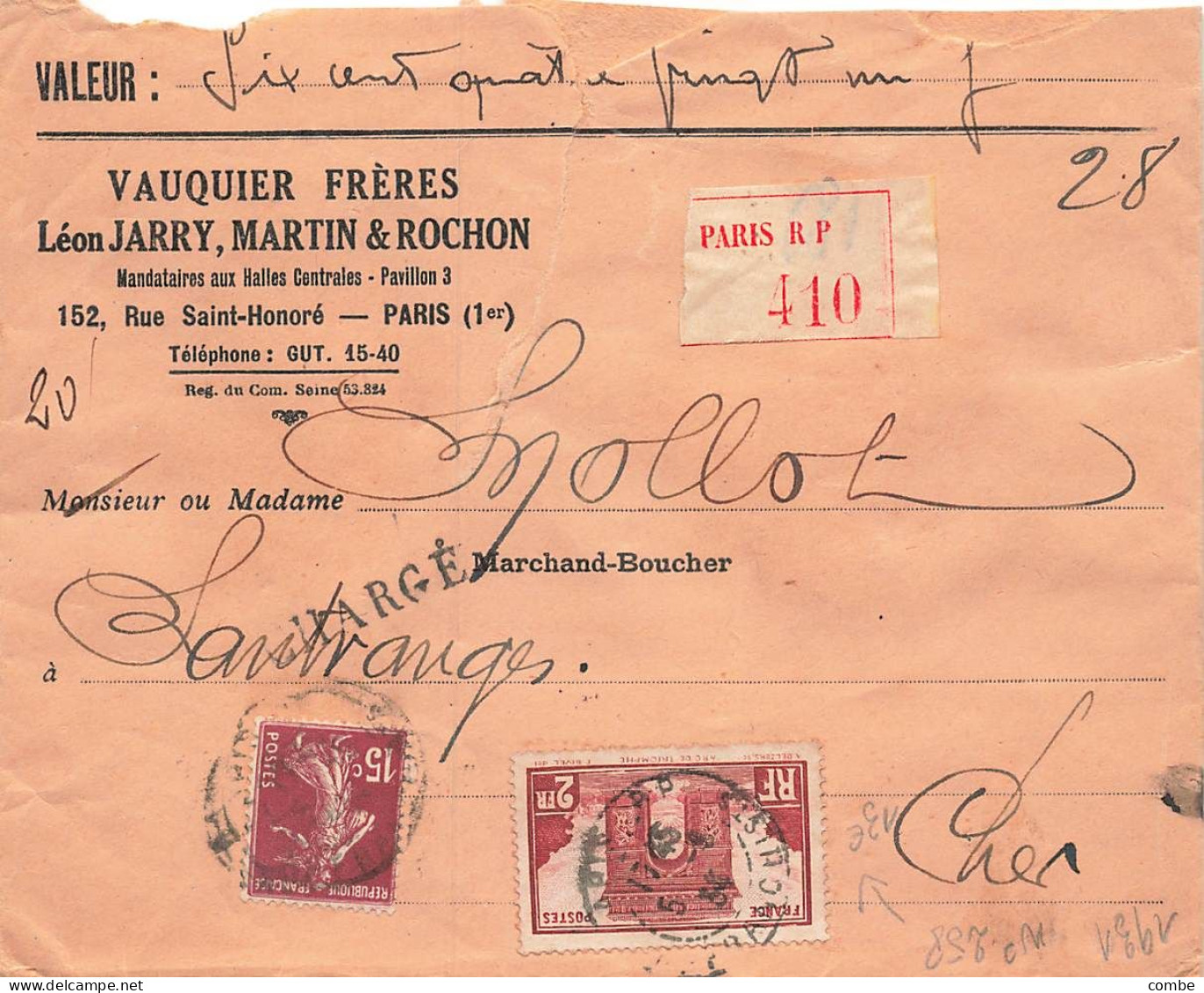 LETTRE. AOUT 1934. 2,15 Fr. CHARGÉ 681 Fr. VAUQUIER A PARIS POUR SANTRANGE. CHER        /  2 - 1921-1960: Moderne