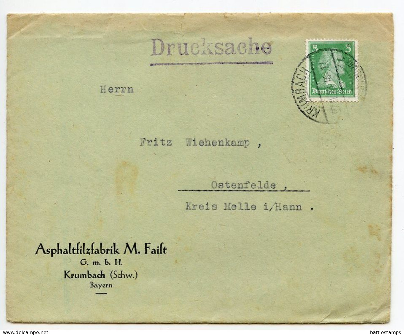 Germany 1928 Cover; Krumbach (Schwaben) - Asphaltfilzfabrik M. Failt To Ostenfelde; 5pf. Friedrich Von Schiller - Lettres & Documents