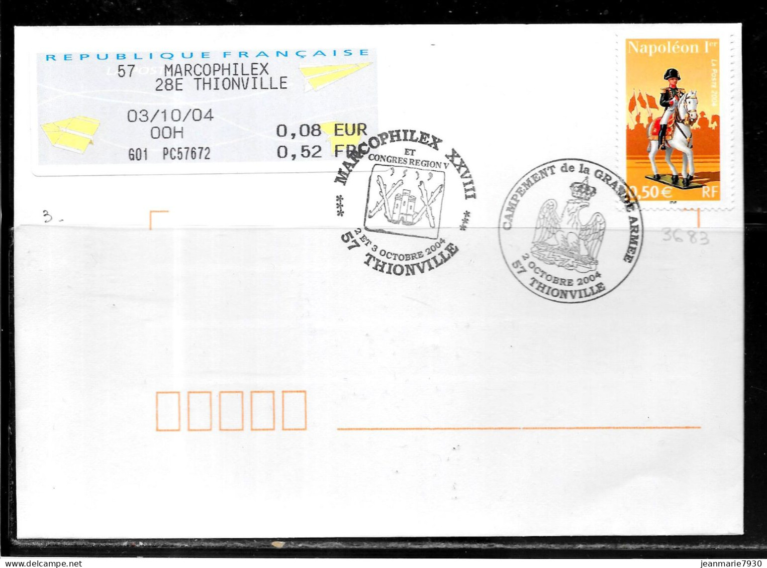K186 - N° 3683 SUR LETTRE DE THIONVILLE DU 03/10/04 - VIGNETTE D'AFFRANCHISSEMENT - MARCOPHILEX - Commemorative Postmarks