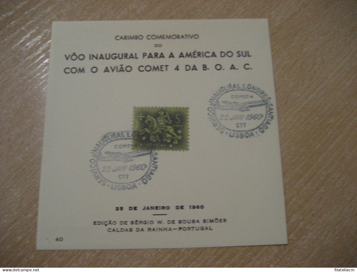 LISBOA 1960 Comet 4 Inaugural First Flight London Santiago Lisboa England Chile Cancel Card PORTUGAL - Avions