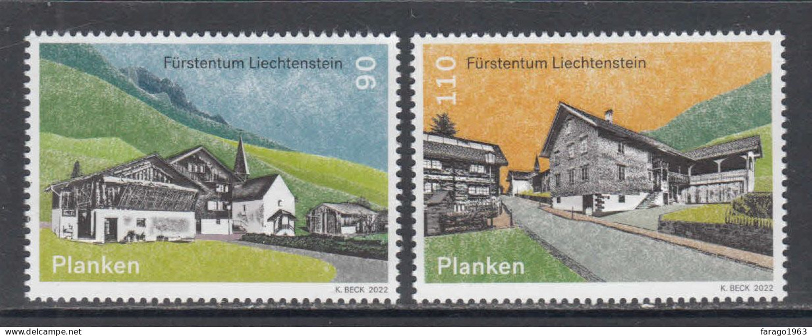 2022 Liechtenstein Planken Buildings Architecture EMBOSSED Complete Set Of 2 MNH  @ BELOW FACE VALUE - Unused Stamps