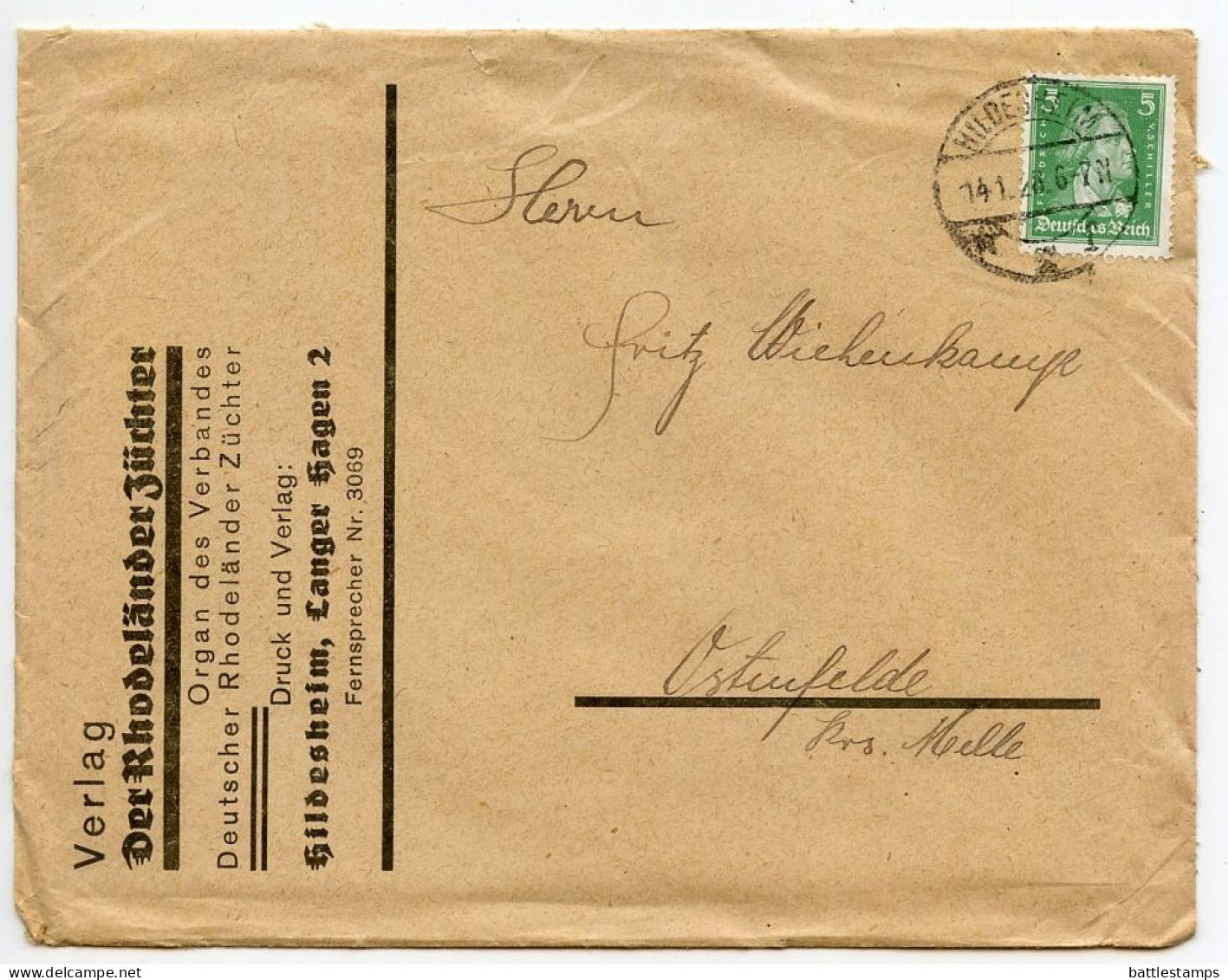 Germany 1928 Cover & Adverts; Hildesheim - Verband Deutscher Rhodeländer-Züchter To Ostenfelde; 5pf. Schiller - Lettres & Documents