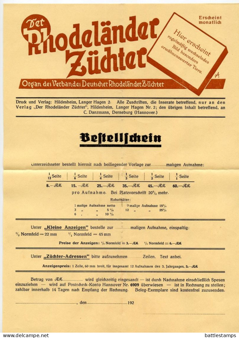 Germany 1928 Cover & Adverts; Hildesheim - Verband Deutscher Rhodeländer-Züchter To Ostenfelde; 5pf. Schiller - Storia Postale