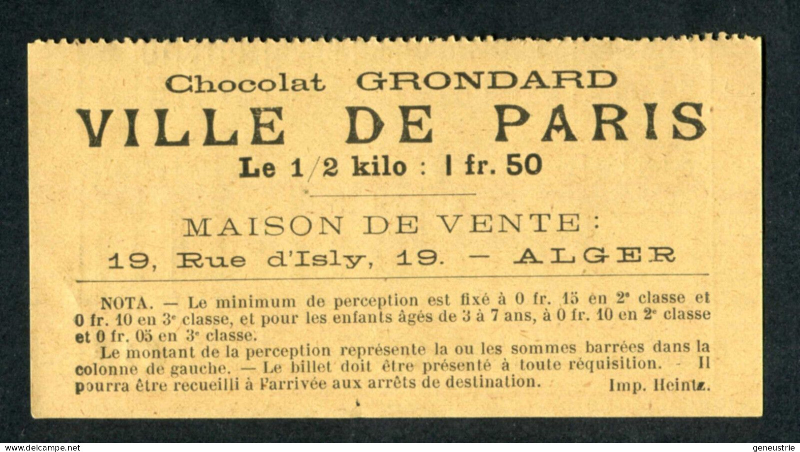 Ticket Tramway Alger Vers 1900 "Chemin De Fer Sur Route D'Algerie" Billet Chemin De Fer - Pub Chocolat Grondard - Wereld