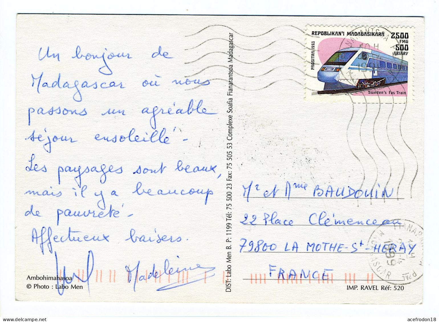 CP Madagascar Pour France - Ambohimahasoa - Timbre Train 1993 - Madagaskar (1960-...)