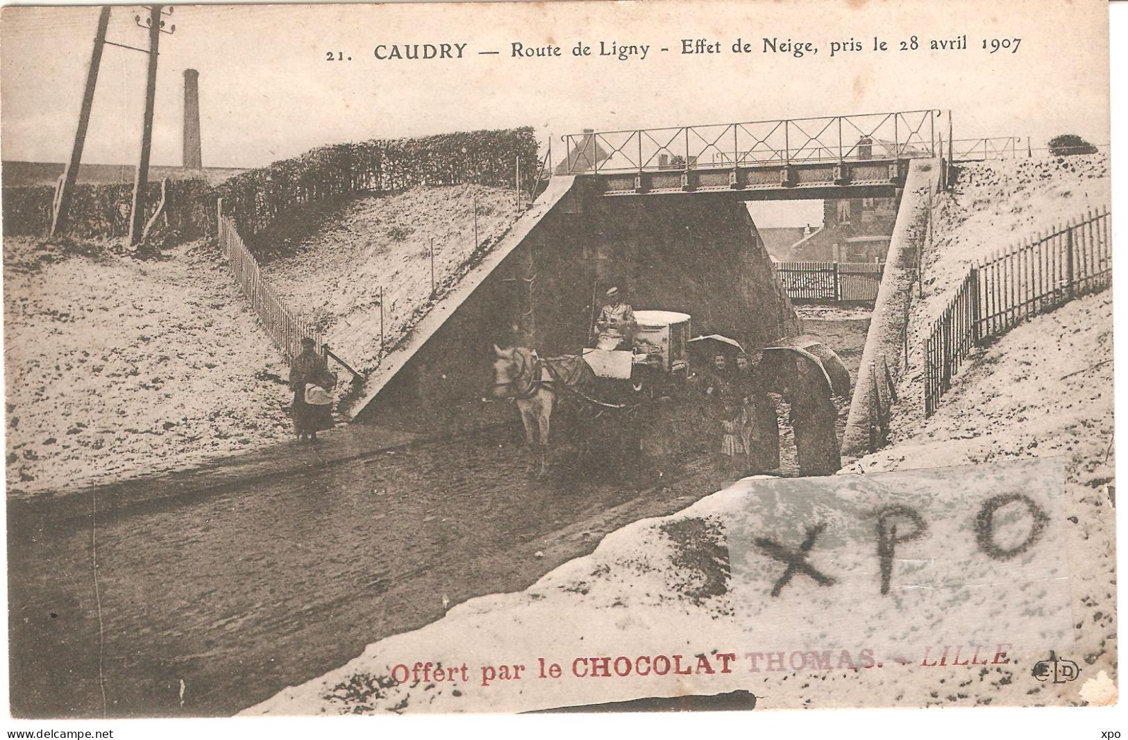 Caudry. Route De Ligny. Pont Et Attelage. Effet De Neige, Pris Le  28 Avril 1907 - Caudry